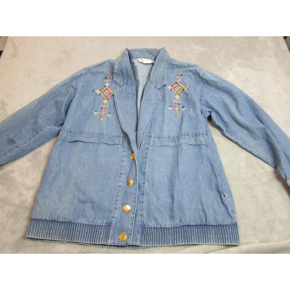 Vintage Saint Germain Paris Jacket Womens Medium Blue Denim Embroidered Boho